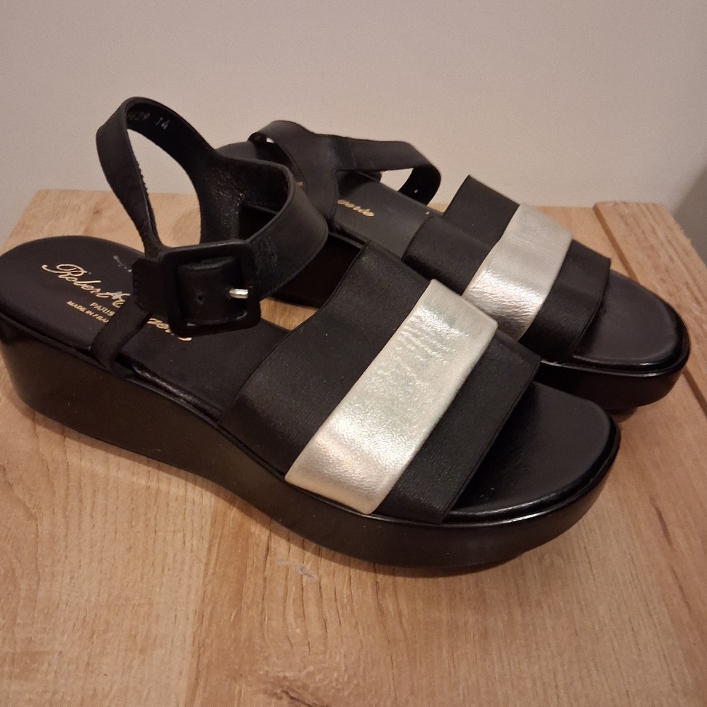 ROBERT CLERGERIE black and Silver leather platform sandals size 39 Sz 8 US